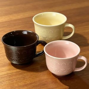 Embossed Ceramic Mug Set, Floral Pattern Coffee Cups