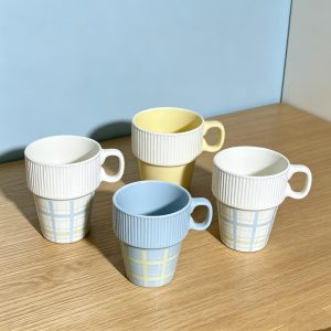 Checkered Pattern Stackable Porcelain Mugs