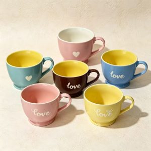 Love' & Heart Ceramic Mug Set, Two-Tone Glaze Coffee Cups