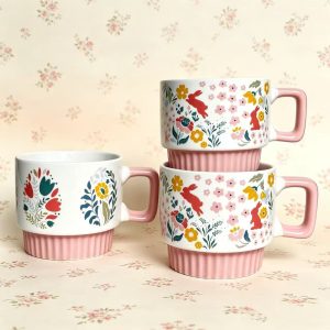 Boho Floral Two-Tone Handle Stackable Porcelain Mugs