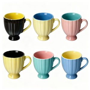 Assorted Color Ribbed Footed Ceramic Mugs